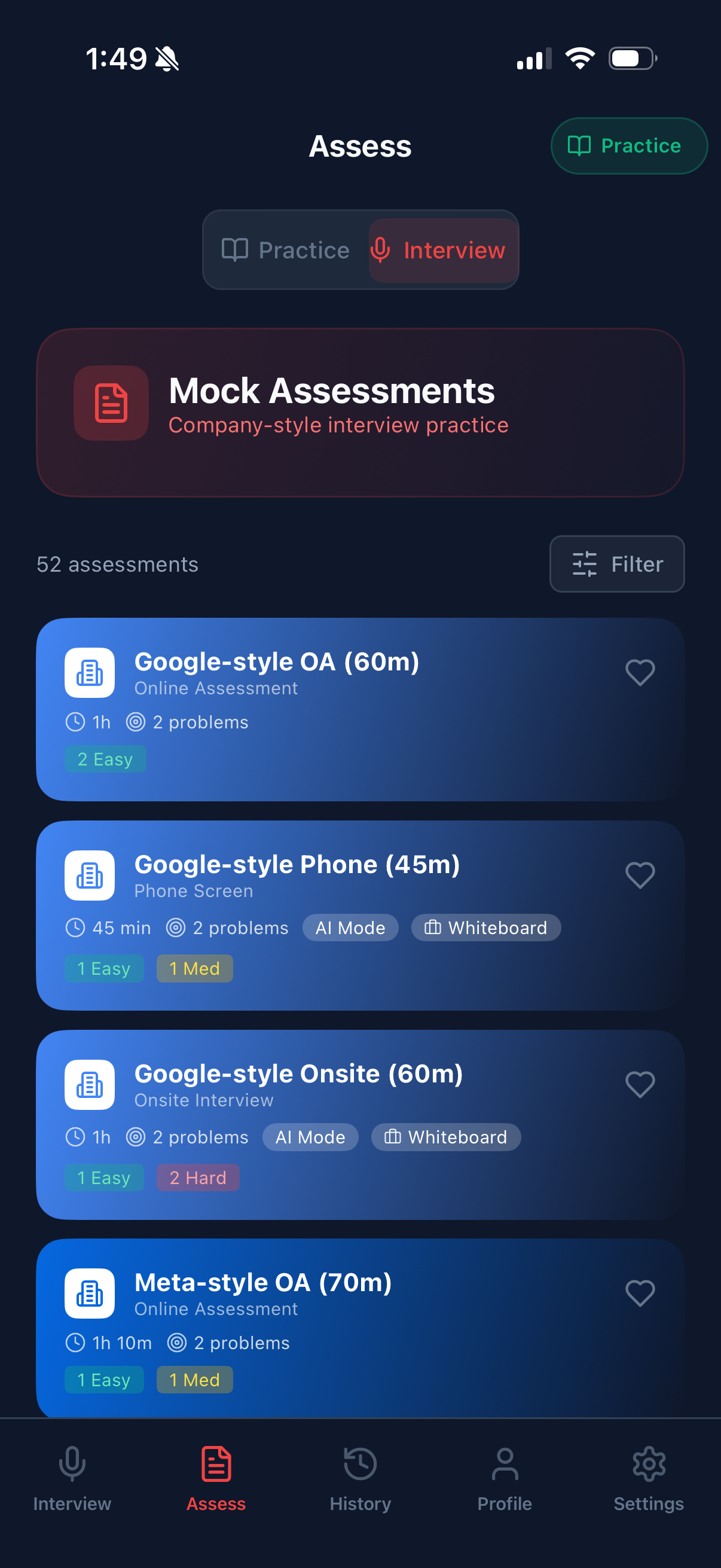 Company-style mock assessments for Google, Meta, and more