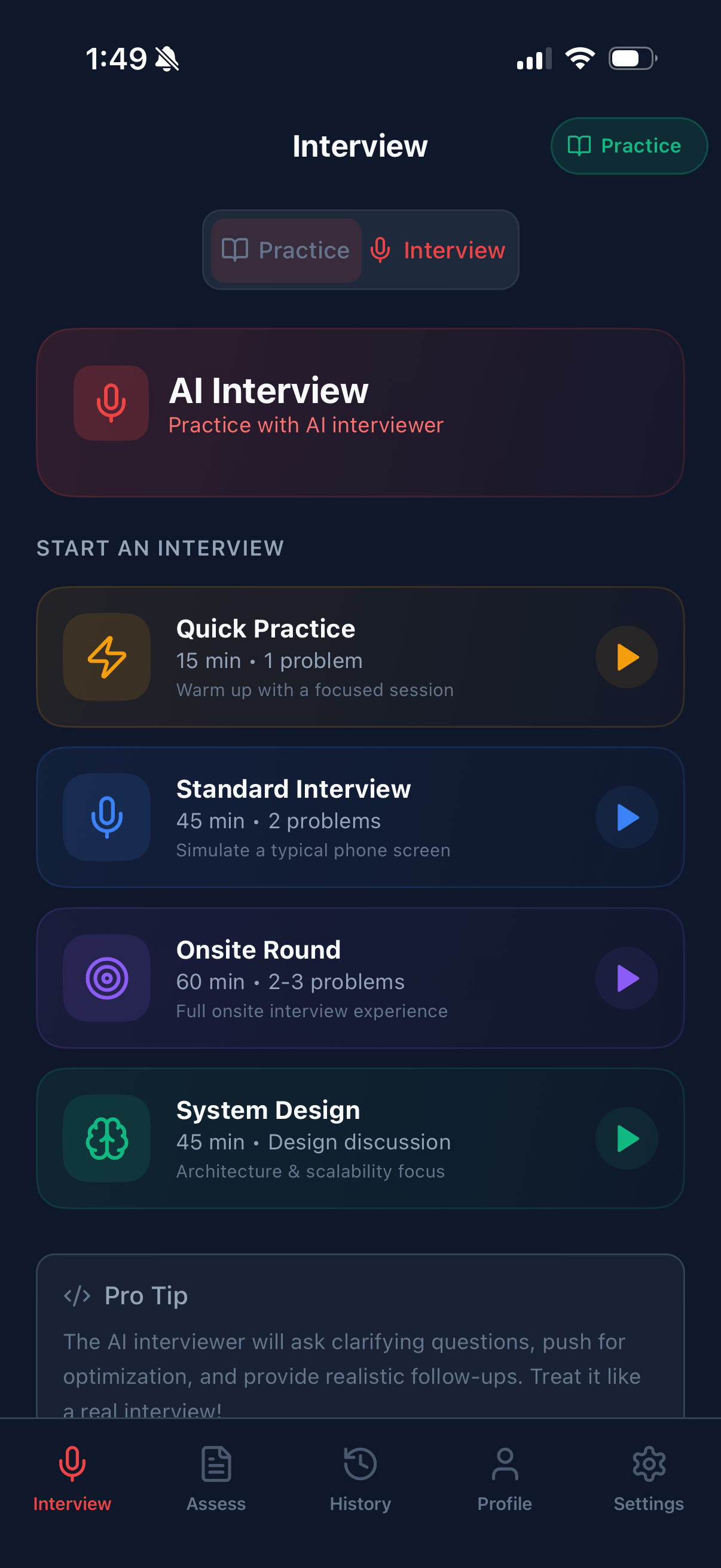AI-powered mock interview with multiple session types